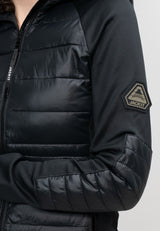 Womens Lightweight Hybrid Hooded Jacket in Black featuring lightweight water resistant fabric and fleece backed sleeves.