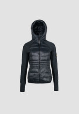 Womens Lightweight Hybrid Hooded Jacket in Black with fleece backed sleeves and non-removable hood.