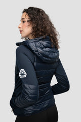 Womens Hybrid Hooded Jacket in Navy, showcasing lightweight water-resistant fabric and fleece-backed sleeves.