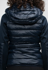 Womens Hybrid Hooded Jacket in Navy showing back view with hood and lightweight fabric details.