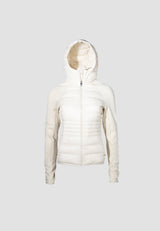 Womens Hybrid Hooded Jacket in Cream, featuring lightweight water resistant fabric and fleece backed sleeves.