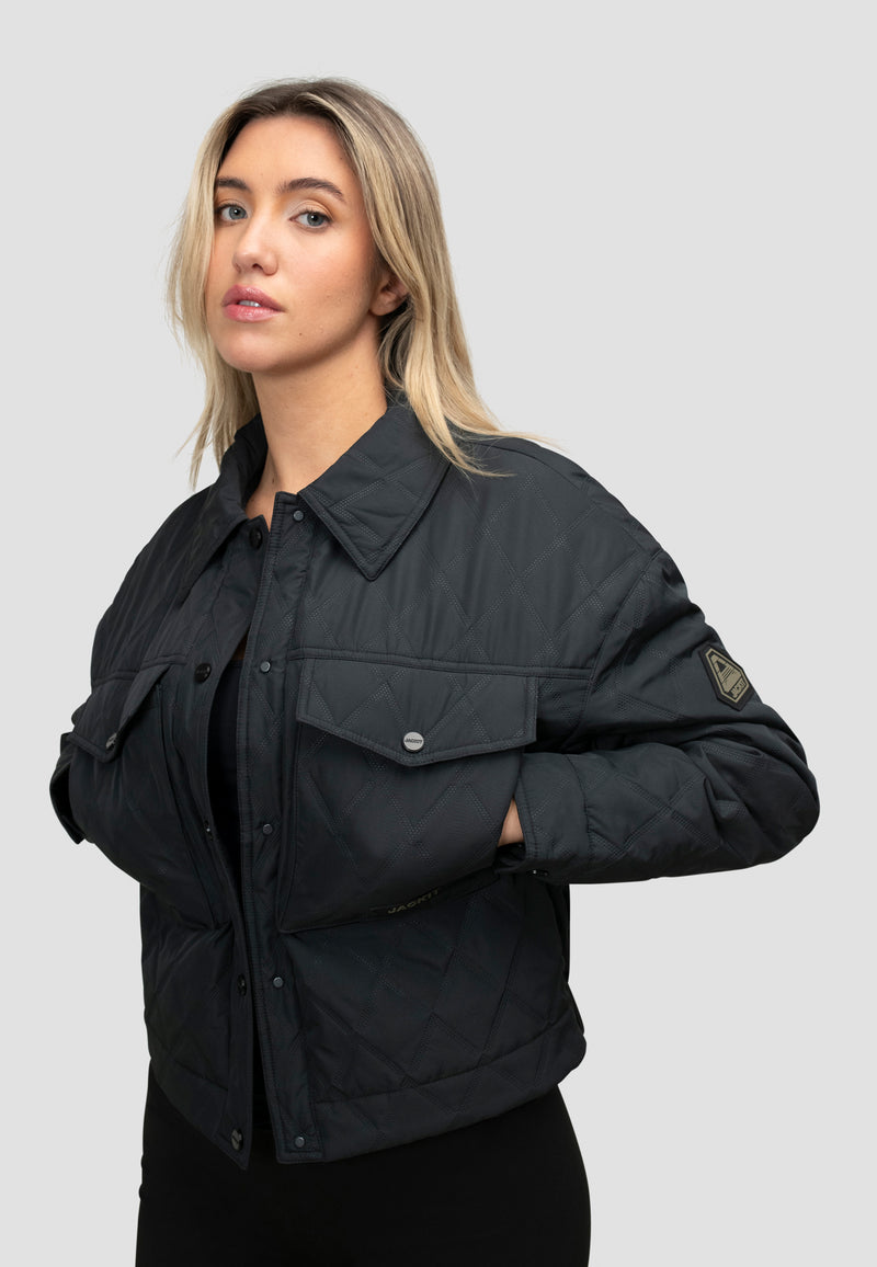 Womens Quilted Shirt Jacket in Black worn by model showcasing its stylish design and lightweight fabric.