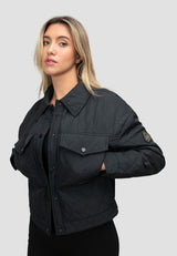 Womens Quilted Shirt Jacket in Black worn by model showcasing its stylish design and lightweight fabric.