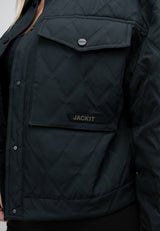 Womens Quilted Shirt Jacket in Black featuring quilted design and chest pocket.