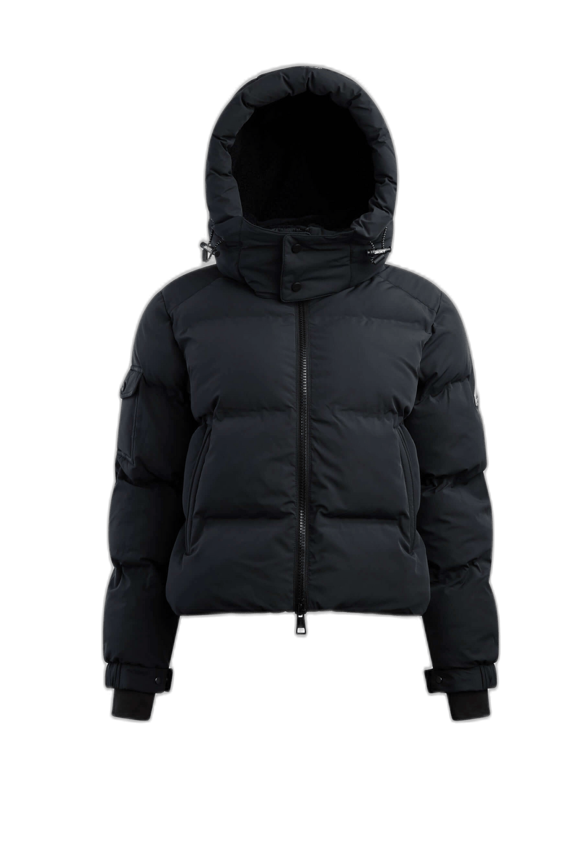 short puffer jacket women in black with hood and cropped design, perfect for winter warmth and style.