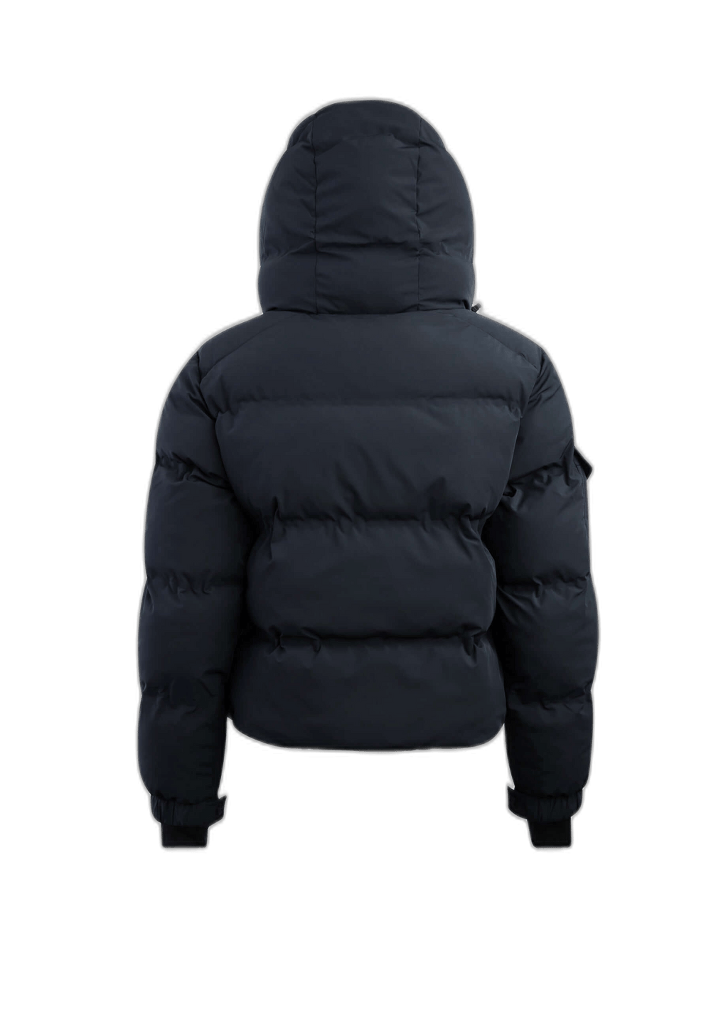 Back view of the EZ Bonded Cropped Black, a short puffer jacket women, featuring a hood and puffy insulation.