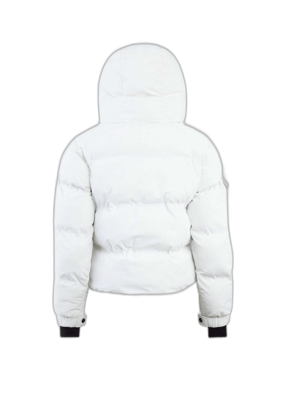 Back view of the EZ Bonded Cropped White crop puffer jacket women, featuring a hood and soft insulation.
