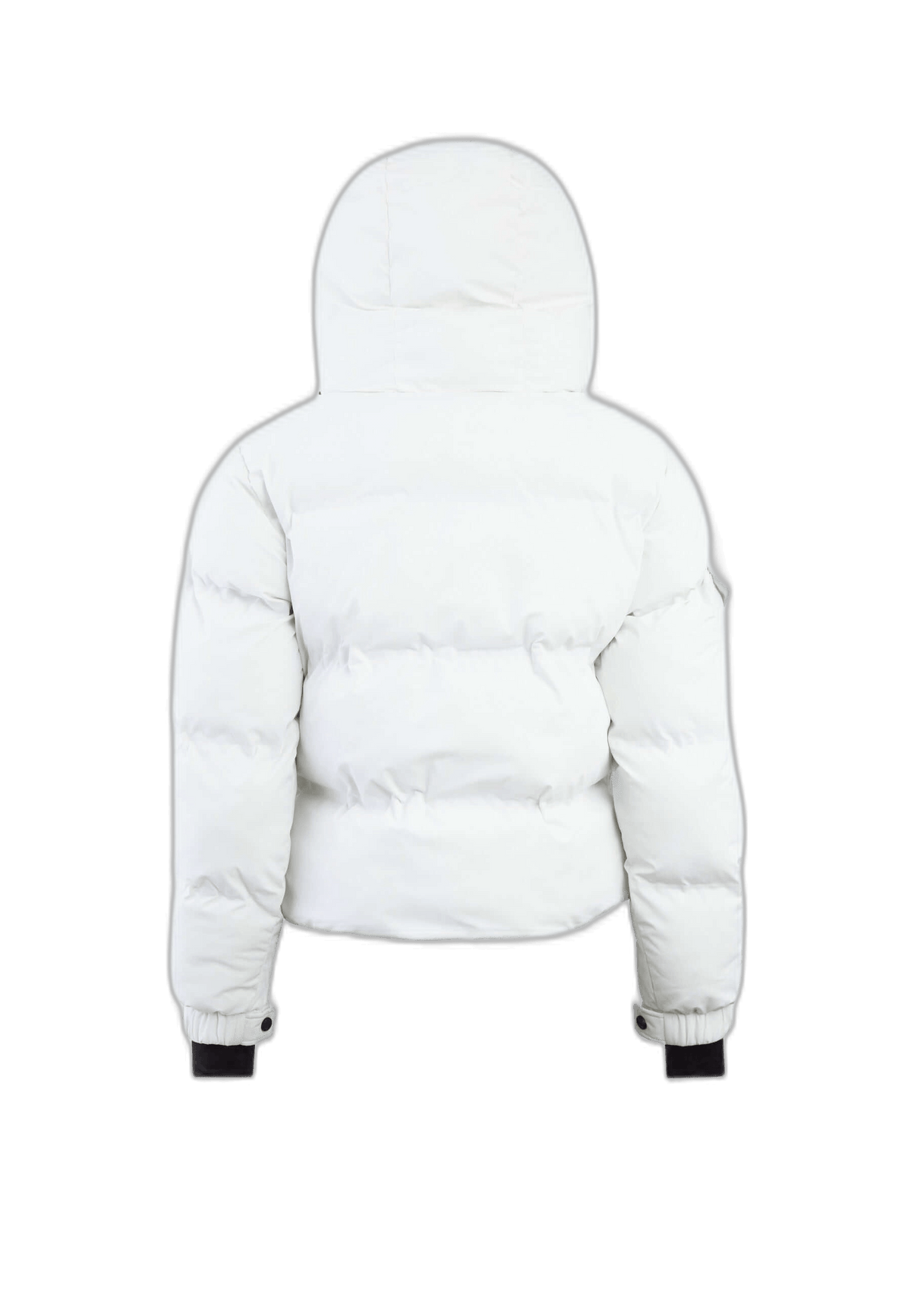 Back view of the EZ Bonded Cropped White crop puffer jacket women, featuring a hood and soft insulation.