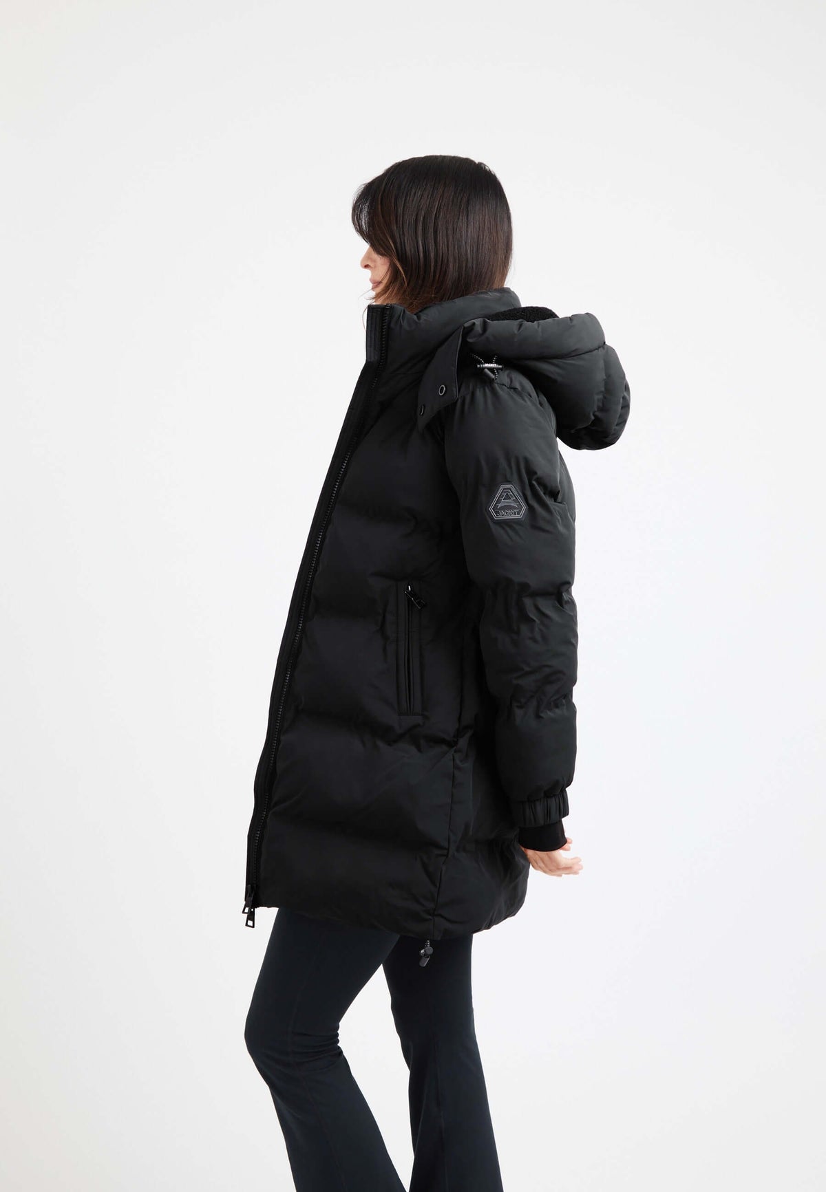 EZ Bonded Coat Black on model back view by JACK1T