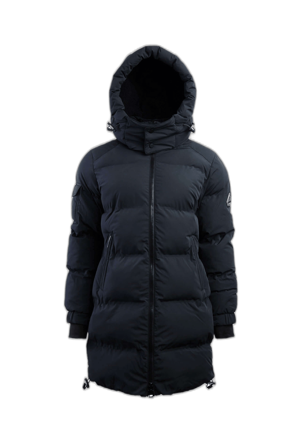 EZ Bonded Coat Black, womens mid length puffer coat, featuring a sherpa-lined hood and premium insulation.