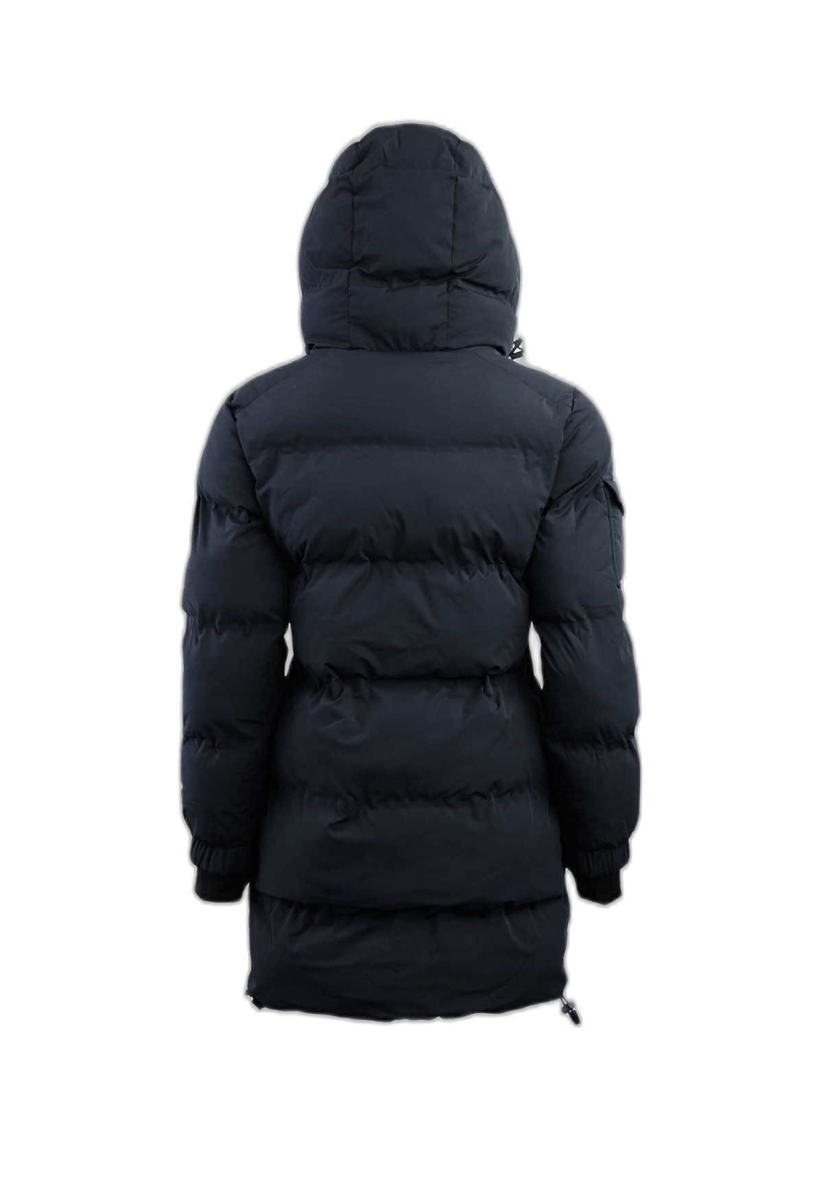Back view of EZ Bonded Coat Black, a womens mid length puffer coat with a hood and premium insulation.