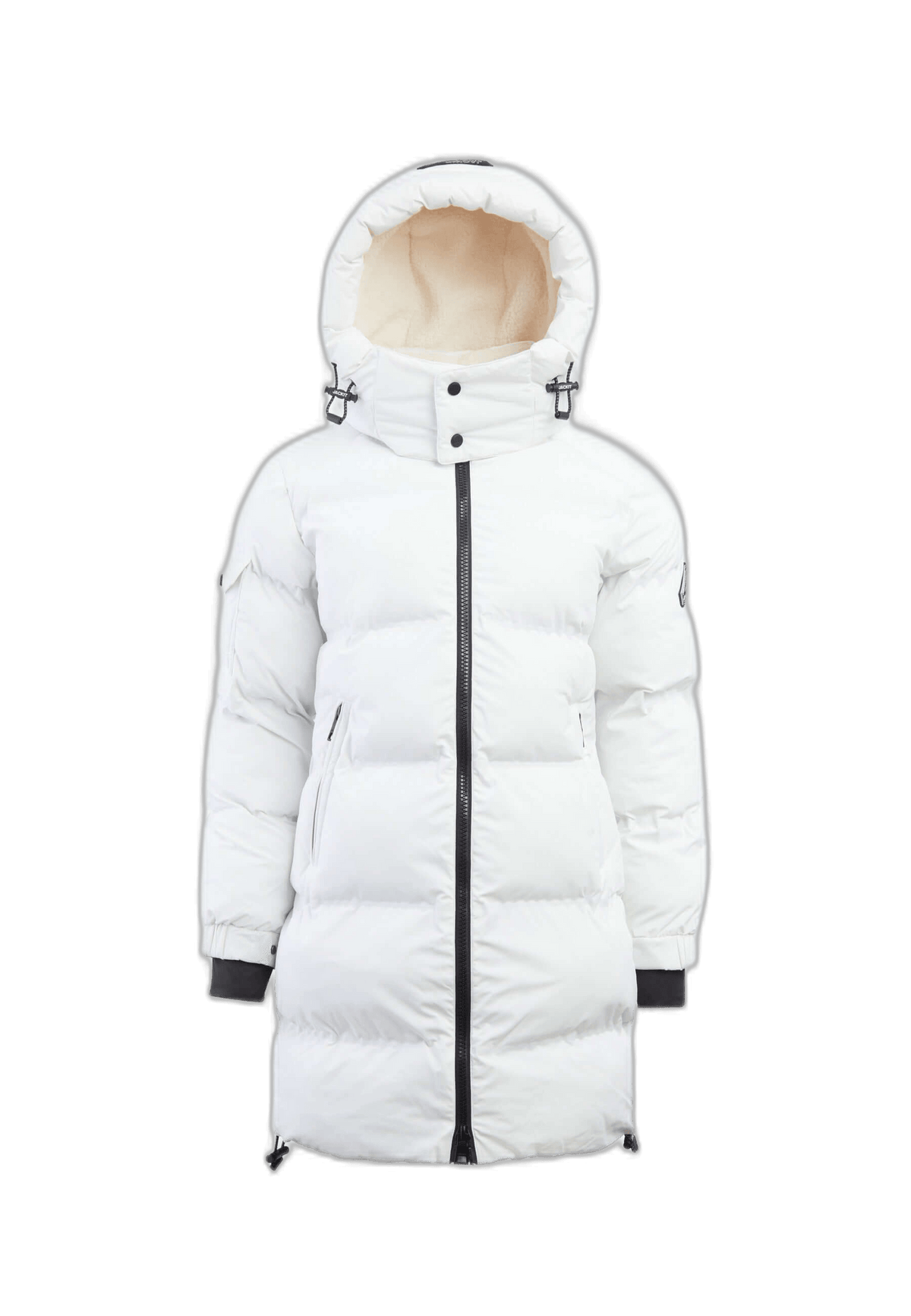 EZ Bonded Coat White, a stylish short puffer coat with sherpa-lined hood and two-way zip for warmth and comfort.
