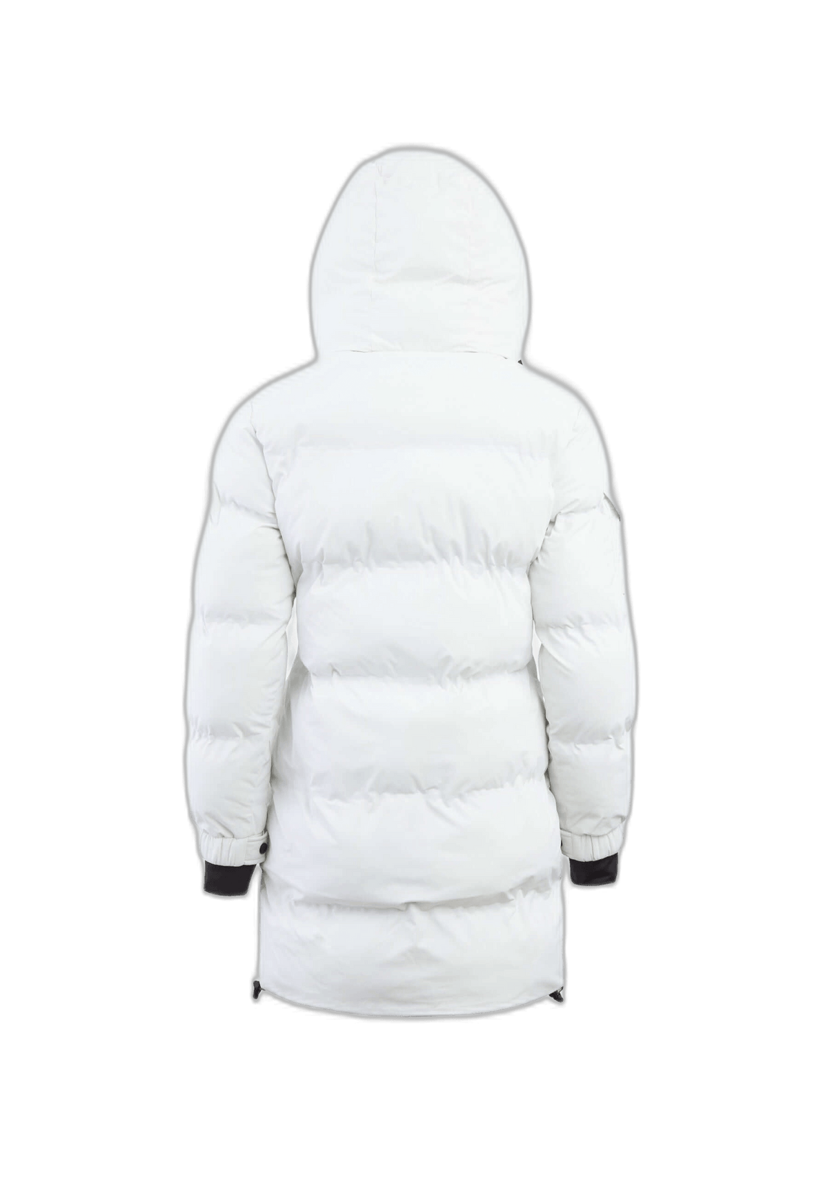 Back view of the EZ Bonded Coat, a short puffer coat with a sherpa-lined hood and polished finish.