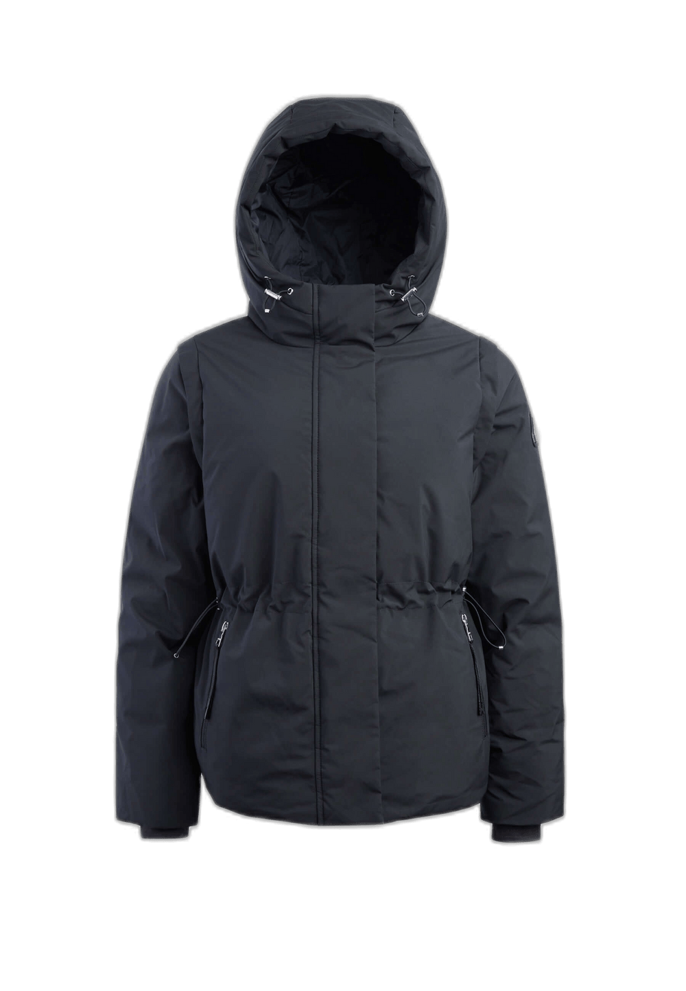 Womens short puffer coat in black featuring a hood and adjustable waist for warmth and style.