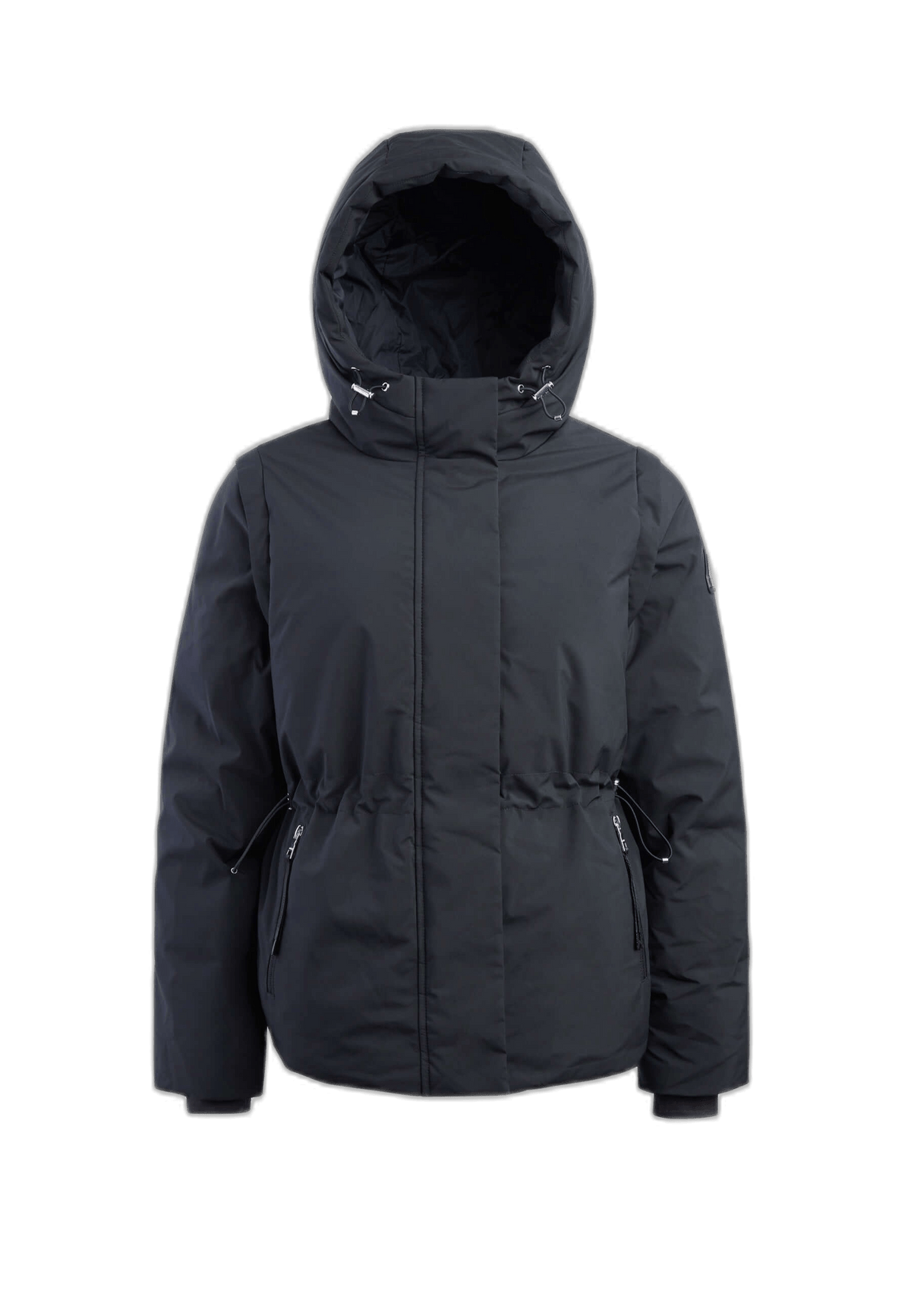 Womens short puffer coat in black featuring a hood and adjustable waist for warmth and style.