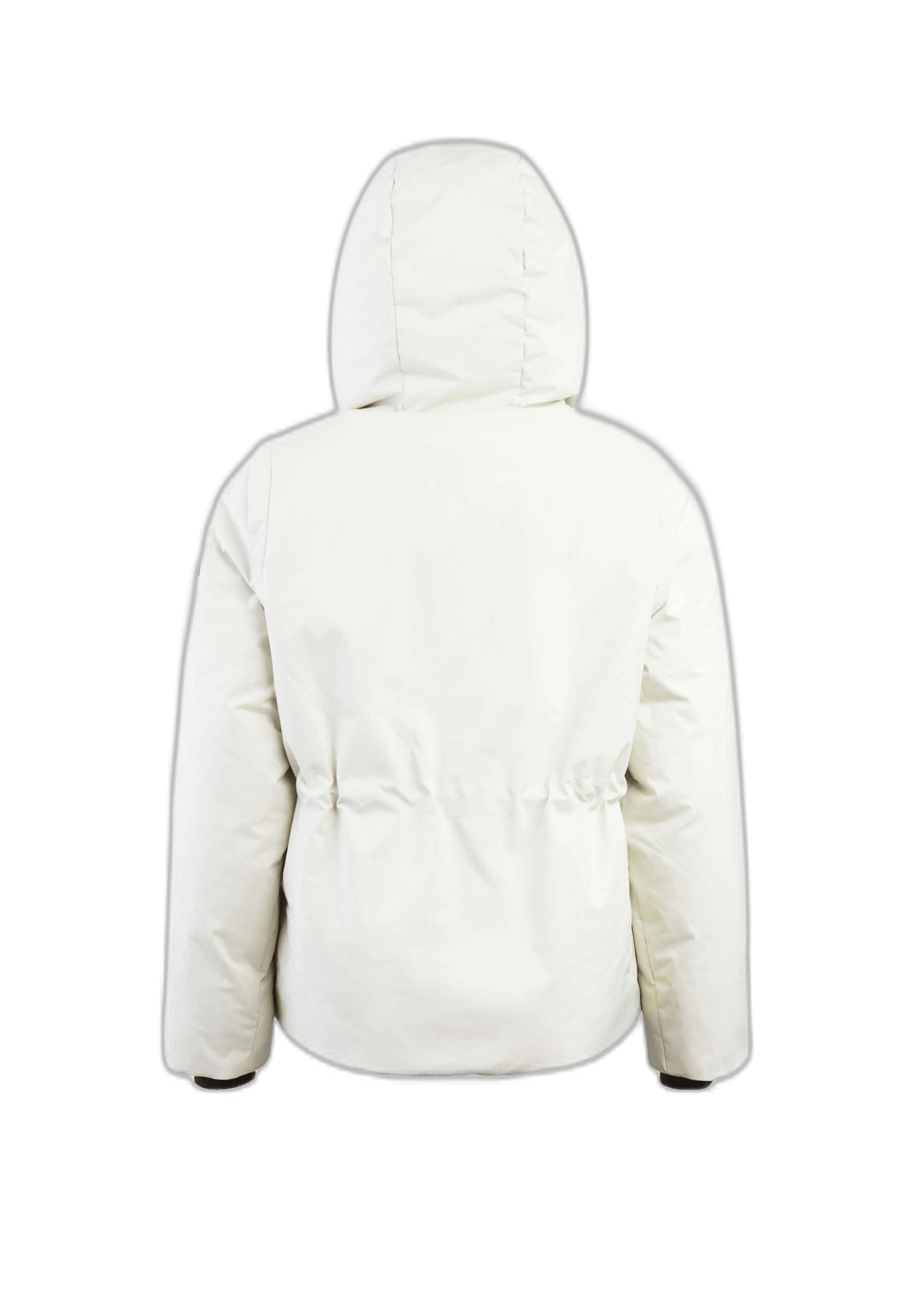 Back view of the Supernova Hood cream womens short puffer coat showcasing its sleek design and grown-on hood.