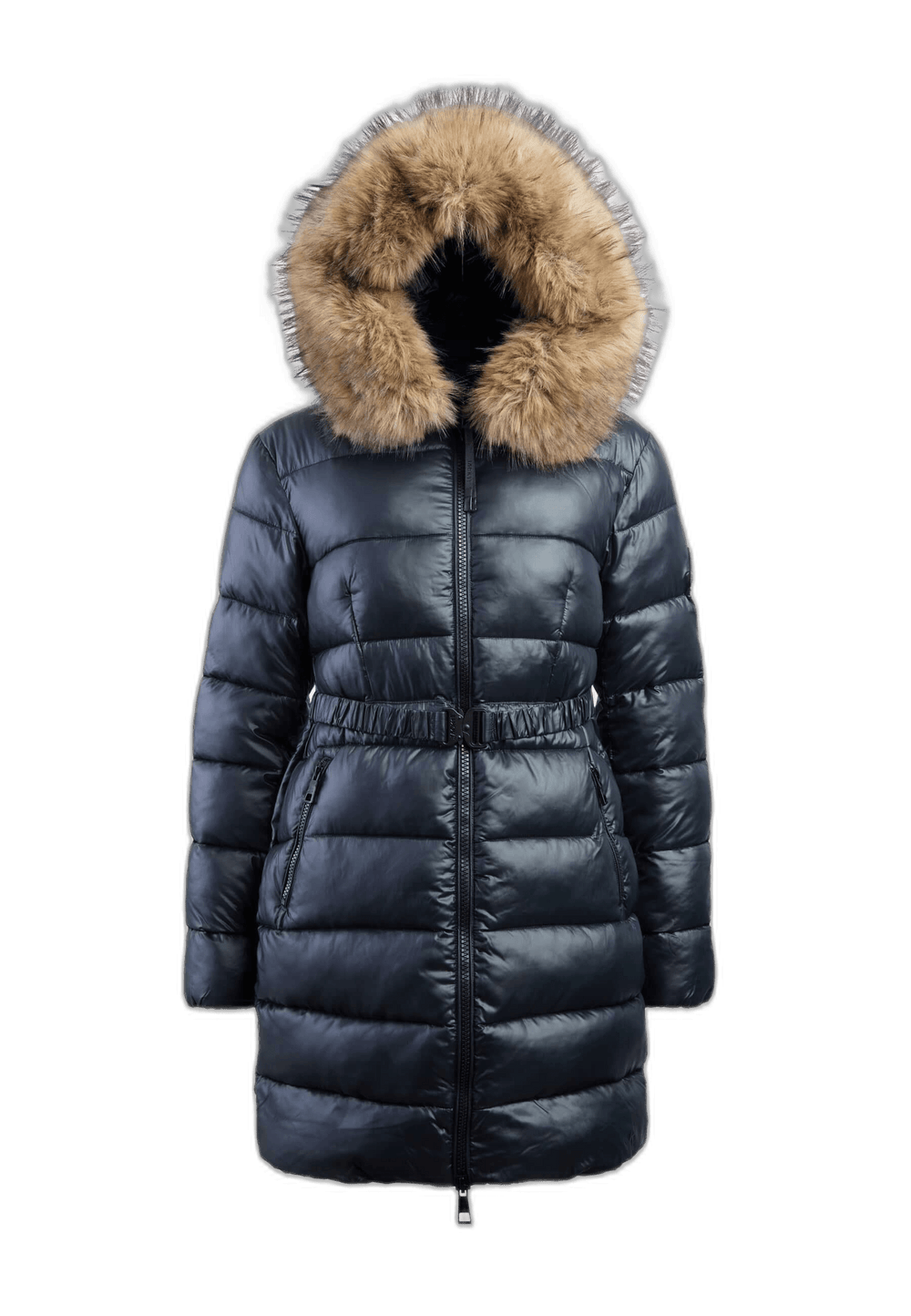 Madero Coat Black featuring a detachable faux-fur hood, sleek puffer design and removable belt, perfect for winter. Short puffer coat black.