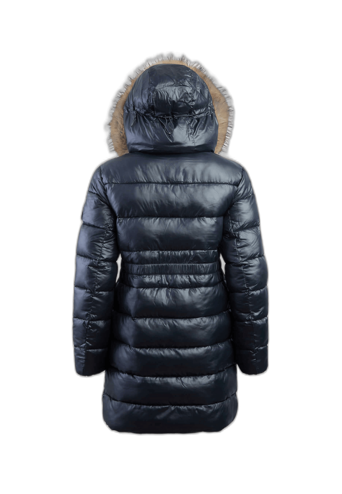 Back view of Madero Coat Black, a stylish short puffer coat black with faux-fur trim and premium insulation.