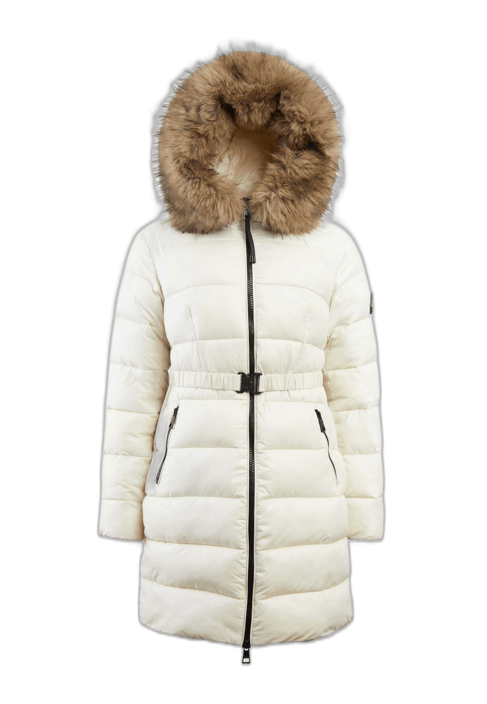 Madero Coat Cream, a stylish short puffer coat with a faux-fur hood, perfect for winter warmth and fashion.