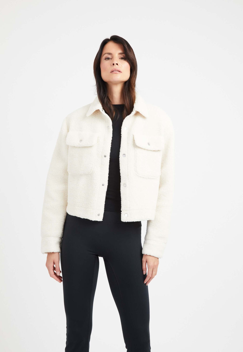 Cropped Sherpa Shirt Jacket Almond Milk styled shot by JACK1T