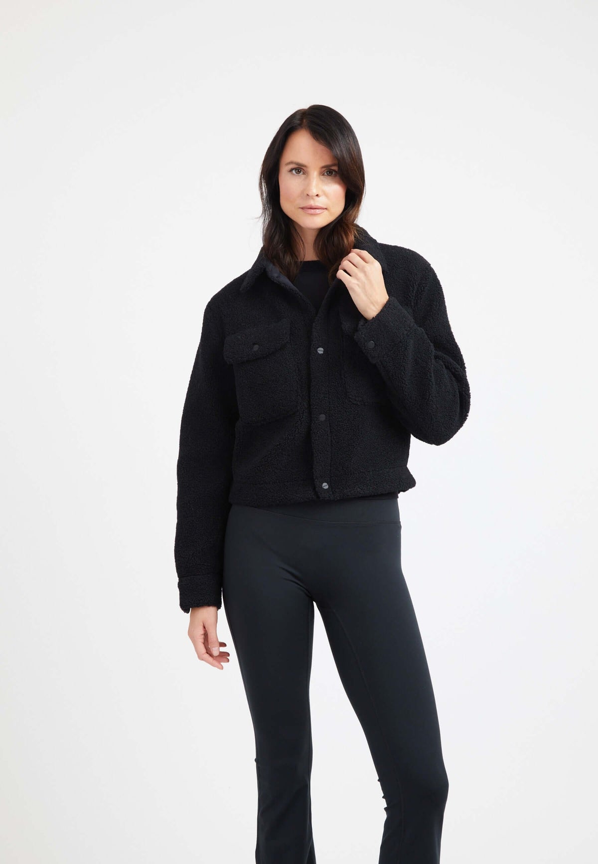 Cropped Sherpa Shirt Jacket Black on model front view by JACK1T