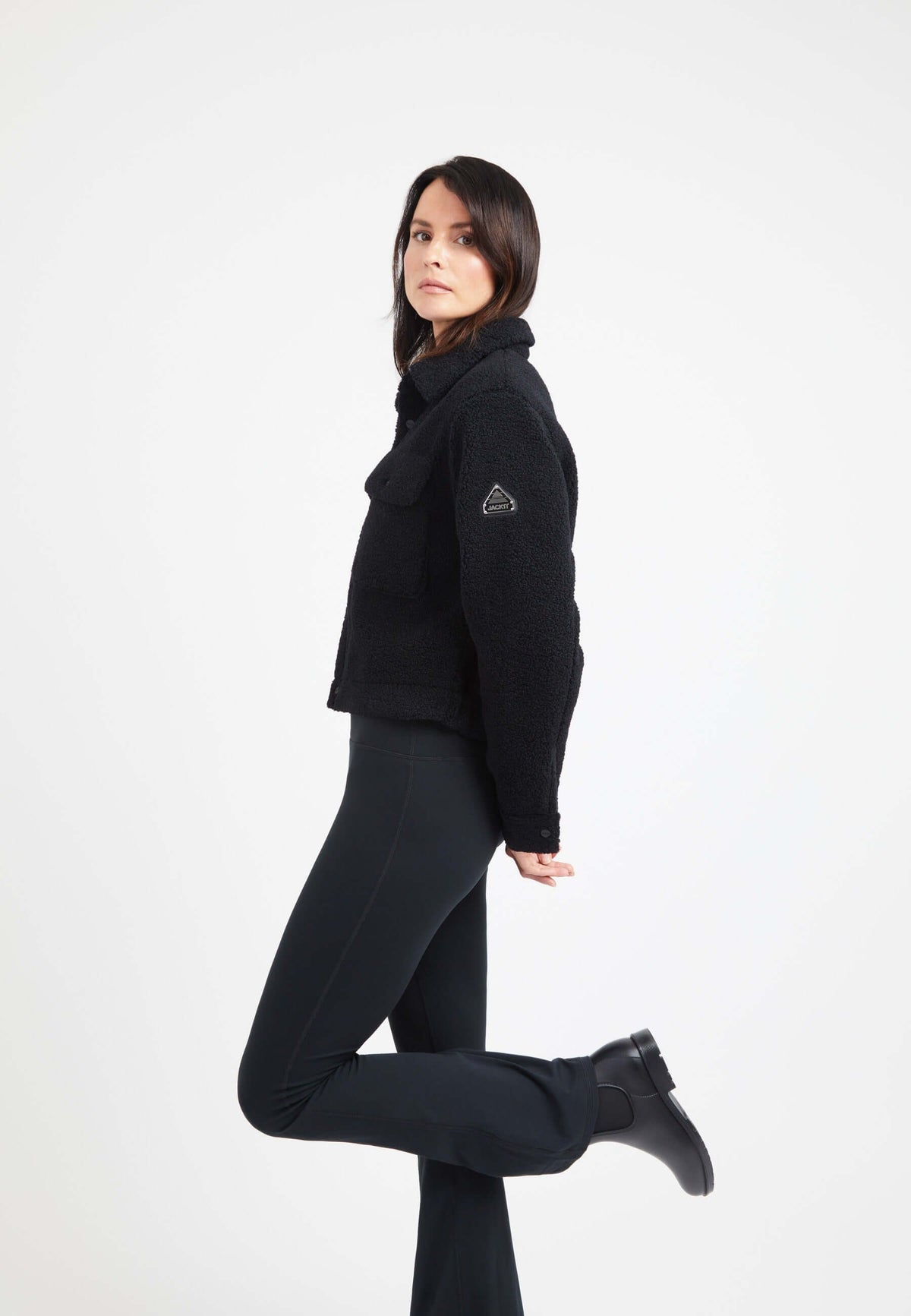 Cropped Sherpa Shirt Jacket Black on model back view by JACK1T