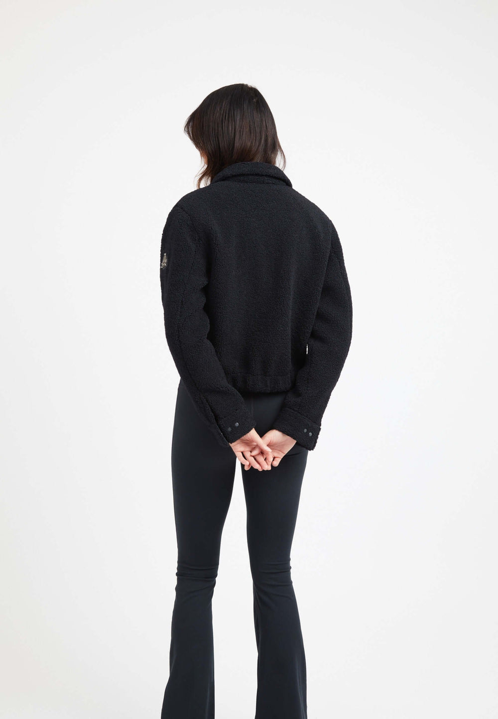 Cropped Sherpa Shirt Jacket Black on model full length by JACK1T