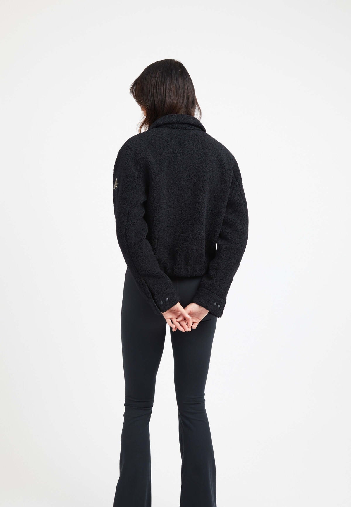 Cropped Sherpa Shirt Jacket Black on model full length by JACK1T