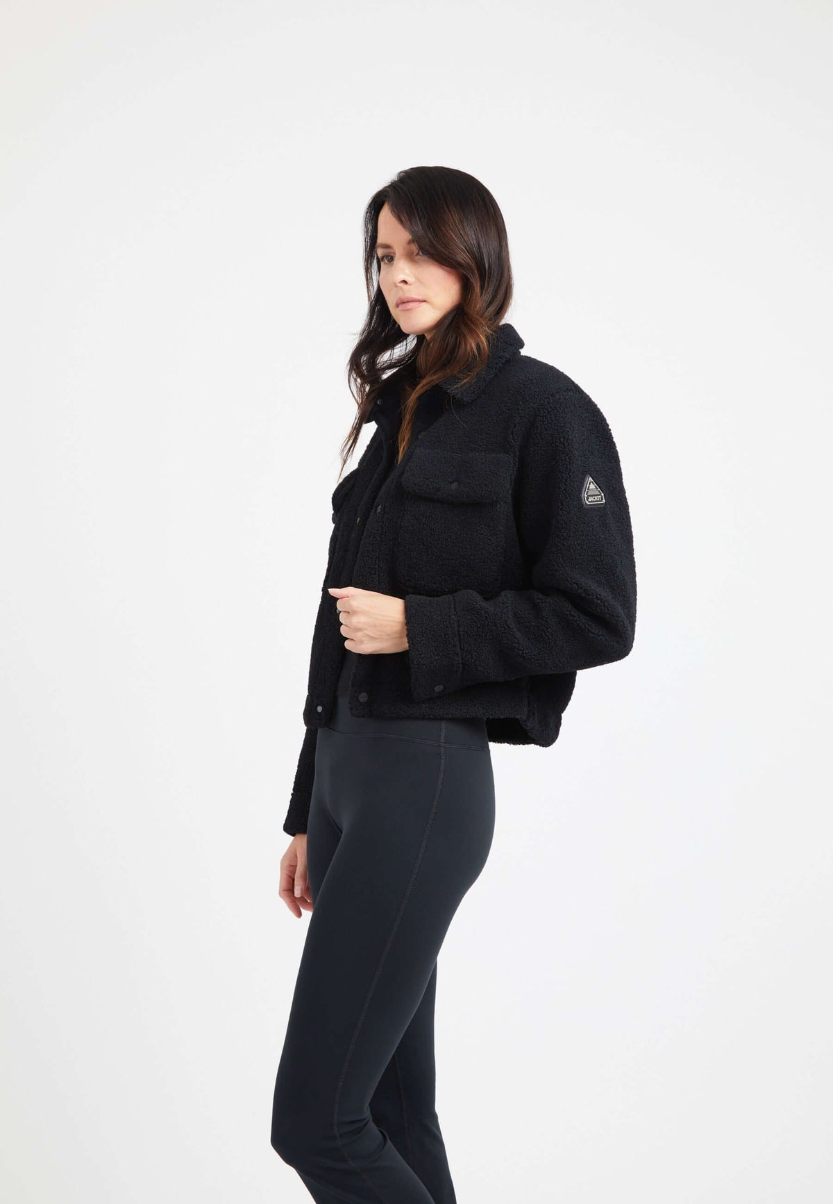 Cropped Sherpa Shirt Jacket Black styled shot by JACK1T