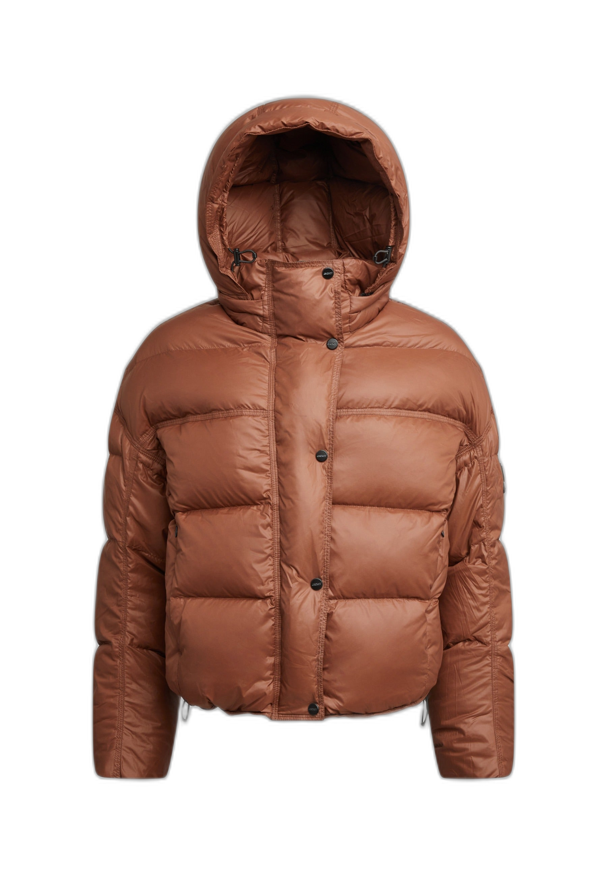 Womens Puffer Jacket Brown with oversized silhouette and removable hood in mocha brown color.