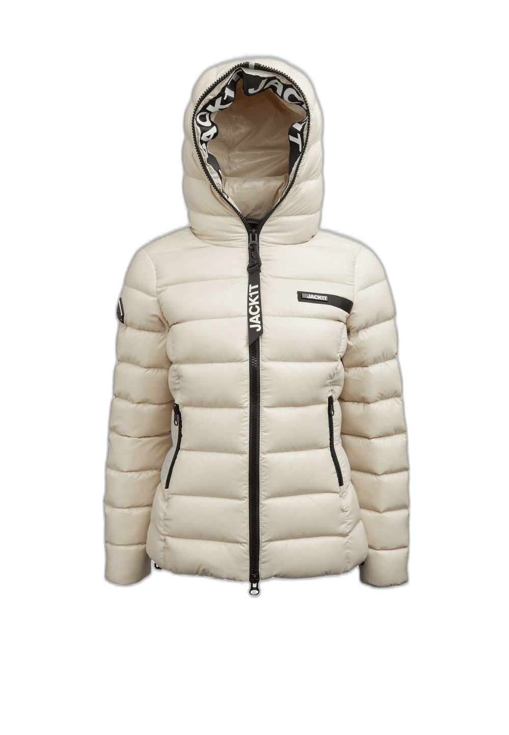 Womens racer puffer jacket in stone color with hood, featuring elasticated waist and cuffs, and two way zips.