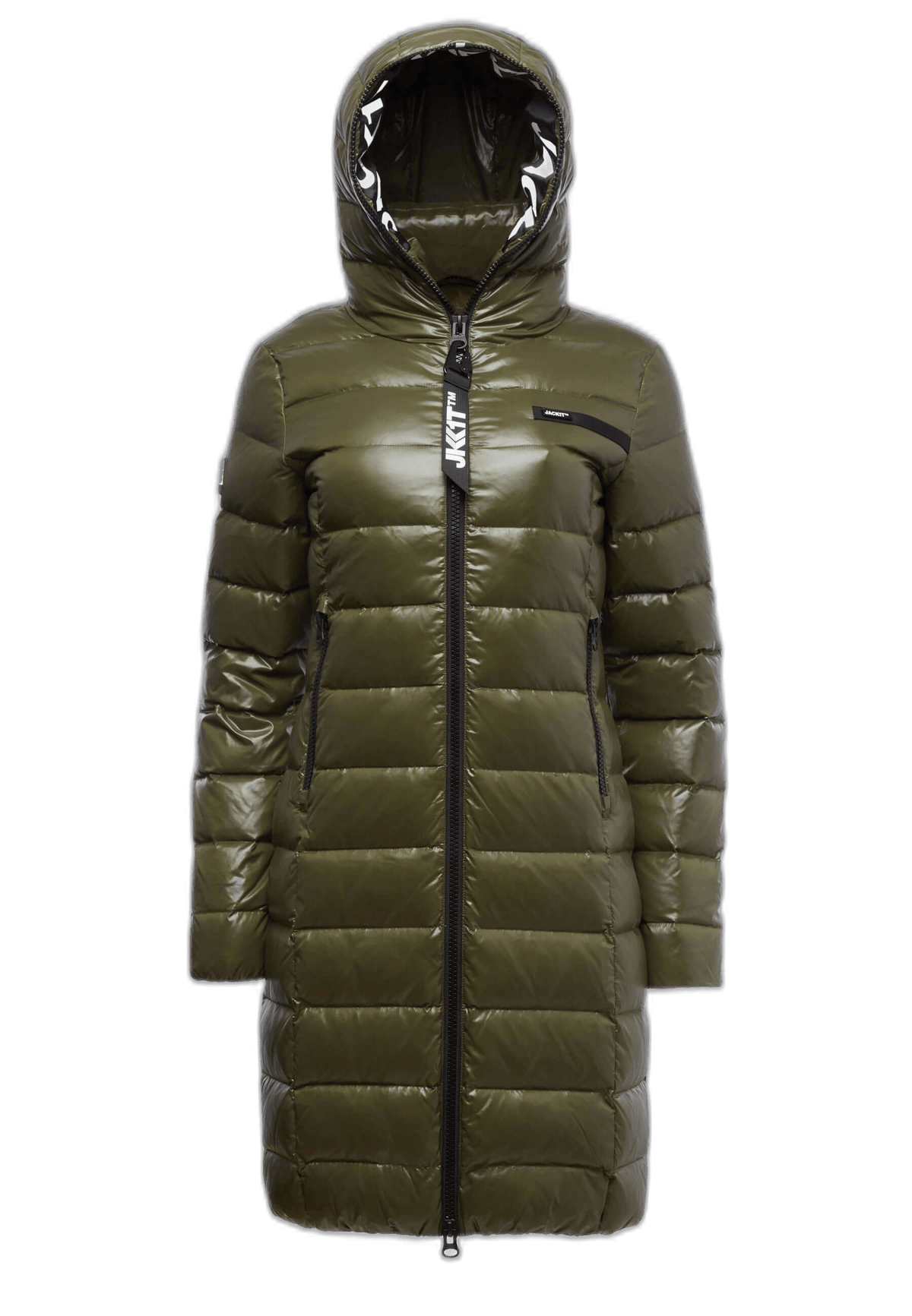 Mid length olive coat featuring a hood, zip pockets, and a glossy finish.