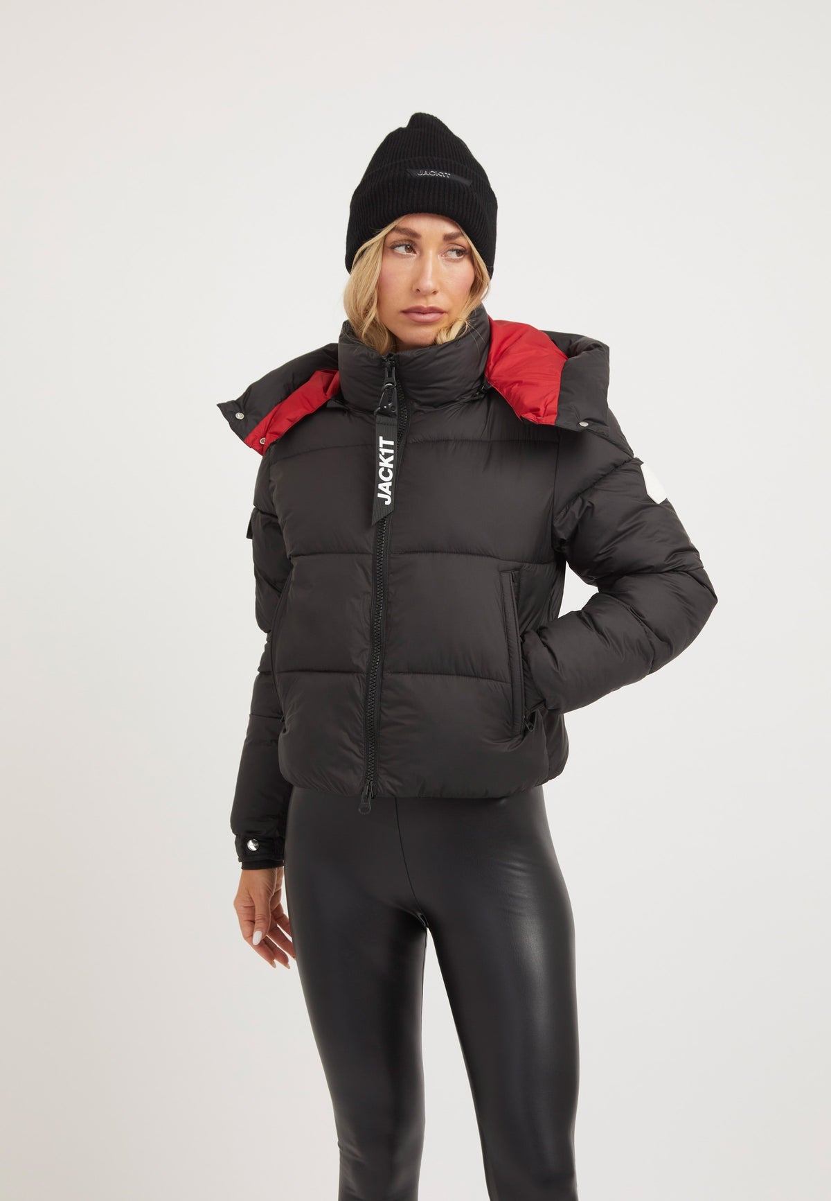 EZ Racer Hood Matt Jacket Black/Cherry Red on model front view by JACK1T