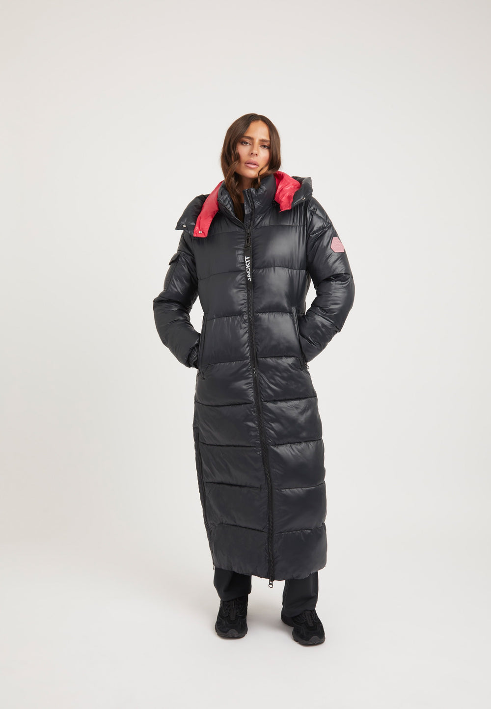 EZ Slick Ultra Long Coat Black/Pink on model front view by JACK1T