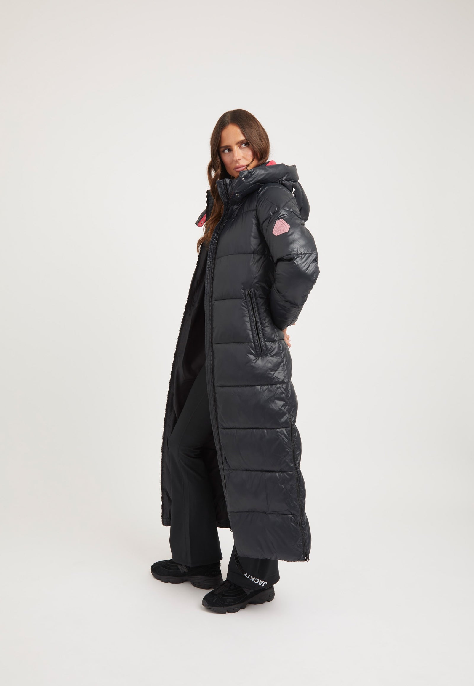 EZ Slick Ultra Long Coat Black/Pink on model back view by JACK1T