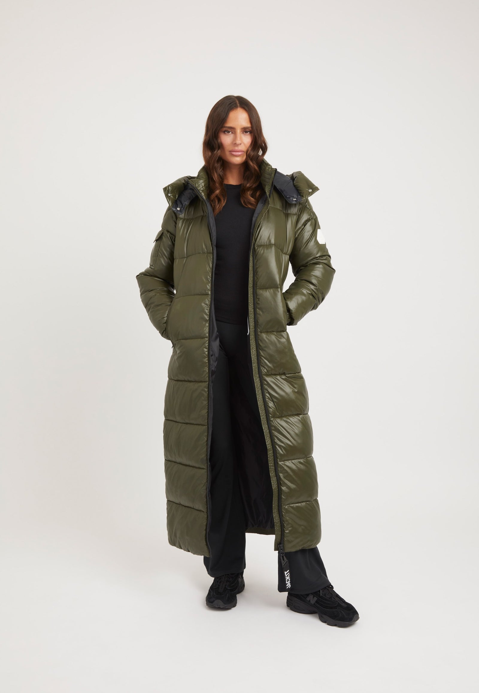 EZ Slick Ultra Long Coat Olive on model front view by JACK1T