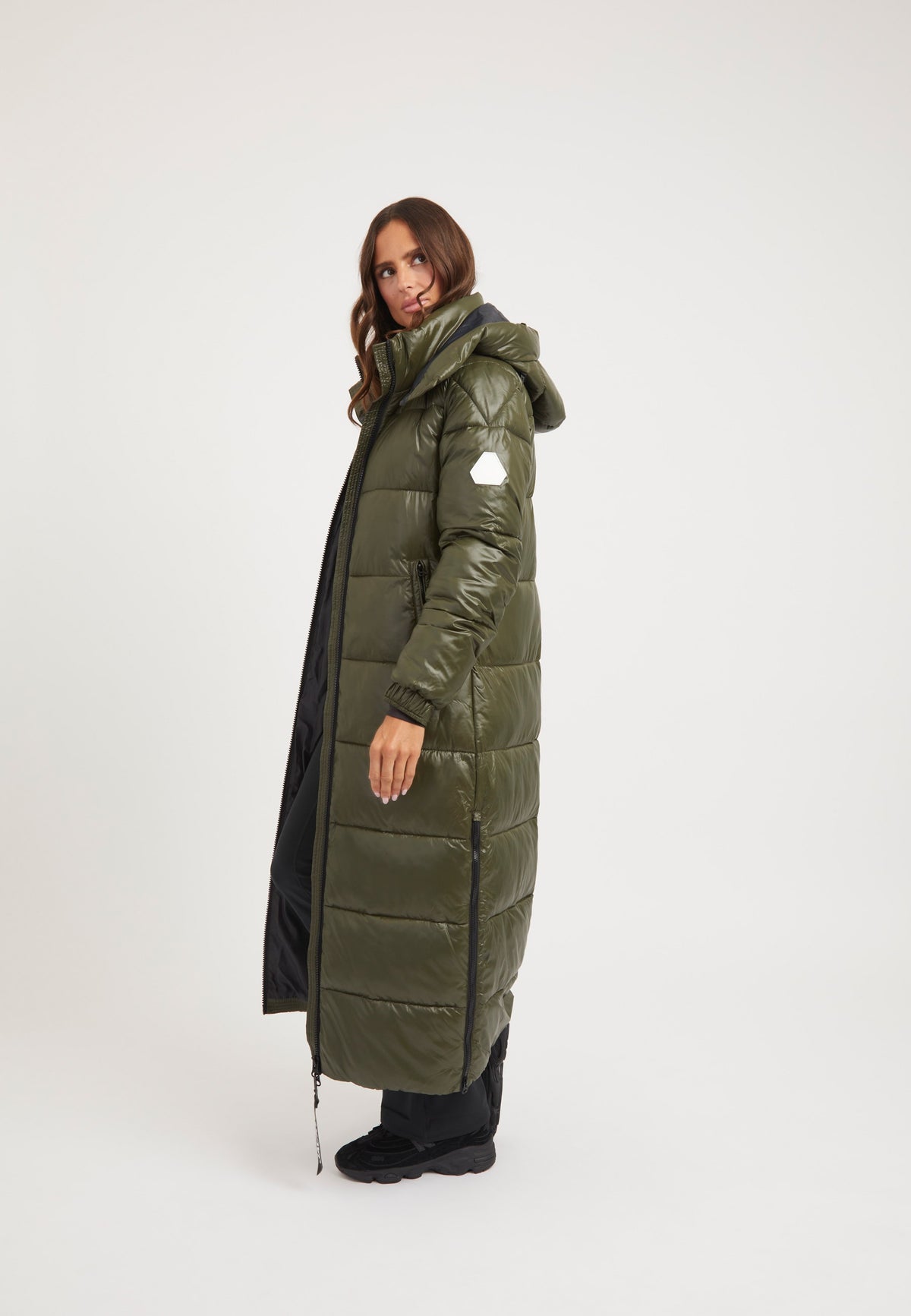 EZ Slick Ultra Long Coat Olive on model back view by JACK1T