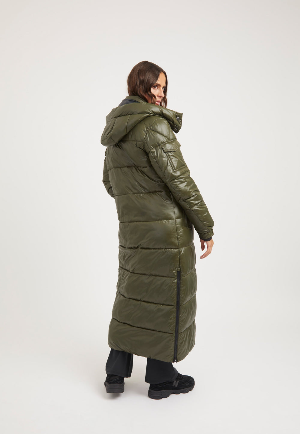 EZ Slick Ultra Long Coat Olive on model full length by JACK1T