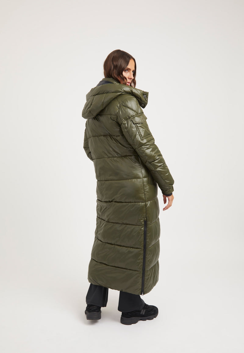 EZ Slick Ultra Long Coat Olive on model full length by JACK1T