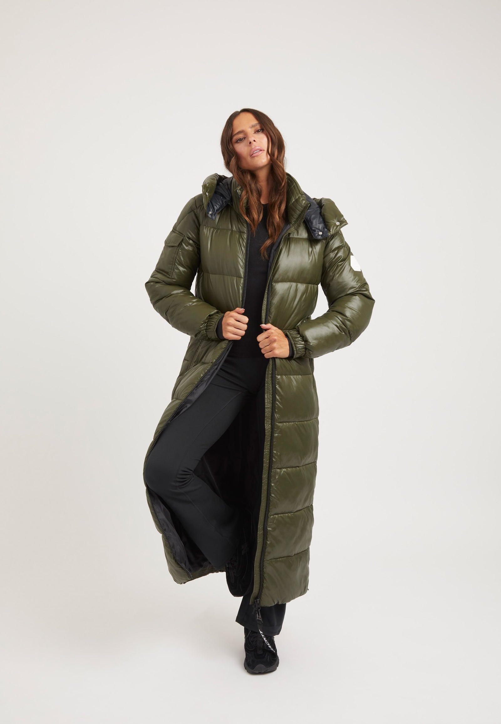 EZ Slick Ultra Long Coat Olive on model detail by JACK1T
