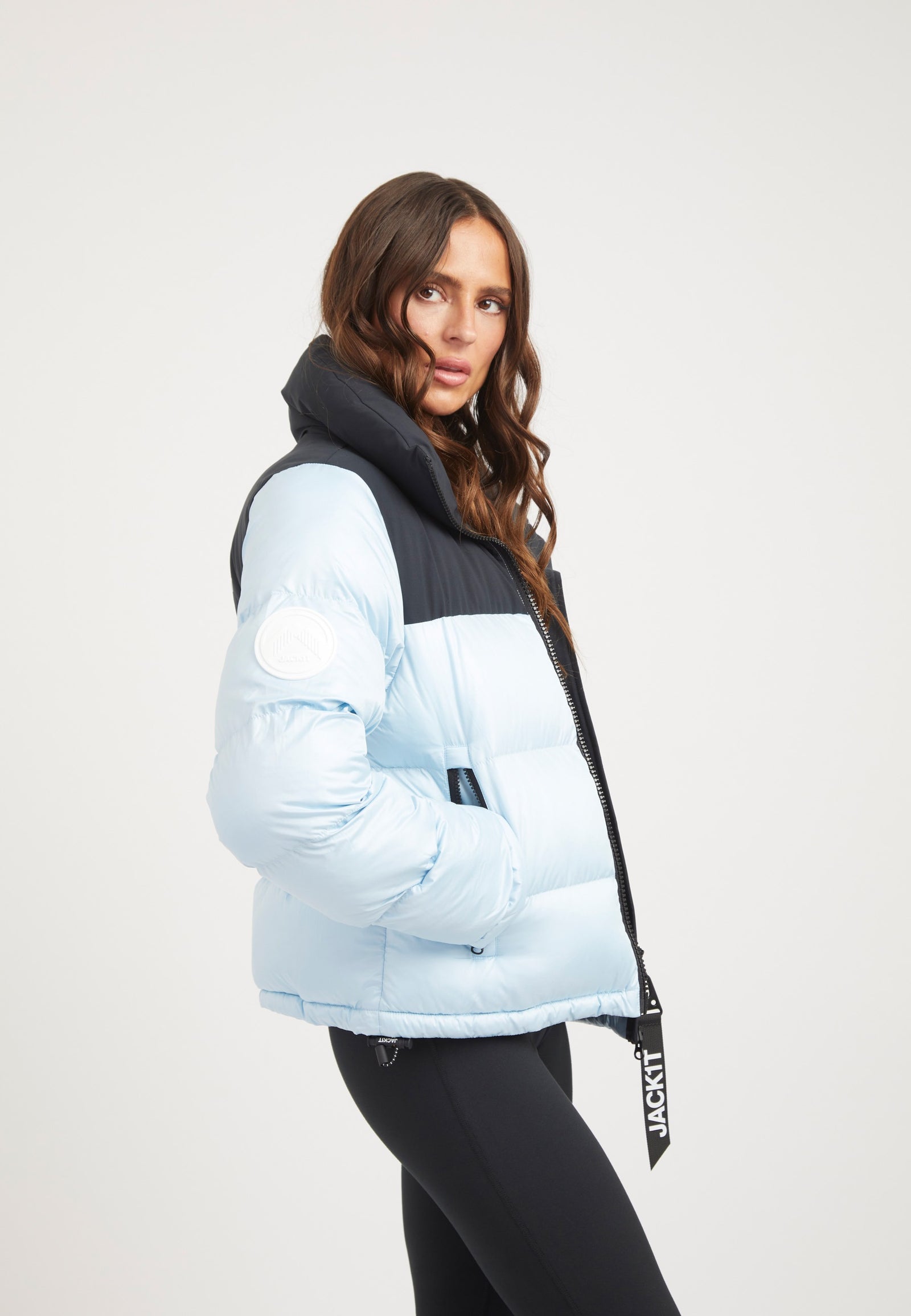 Diamond Funnel Jacket Powder Blue/Black on model back view by JACK1T