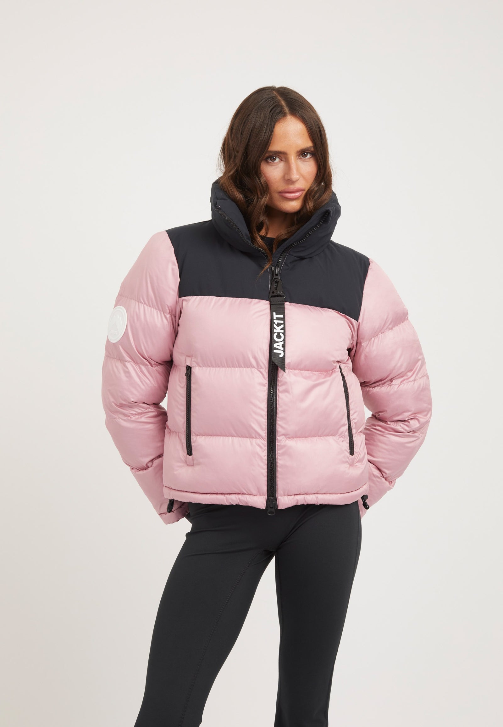 Diamond Funnel Jacket Powder Pink/Black on model front view by JACK1T