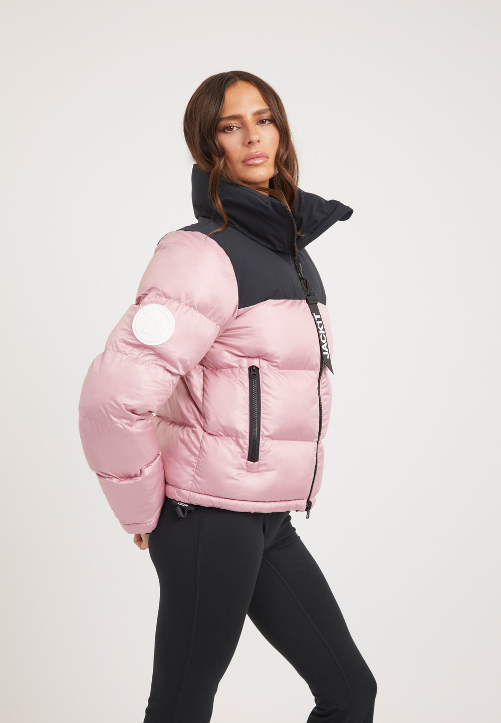 Diamond Funnel Jacket Powder Pink/Black on model back view by JACK1T