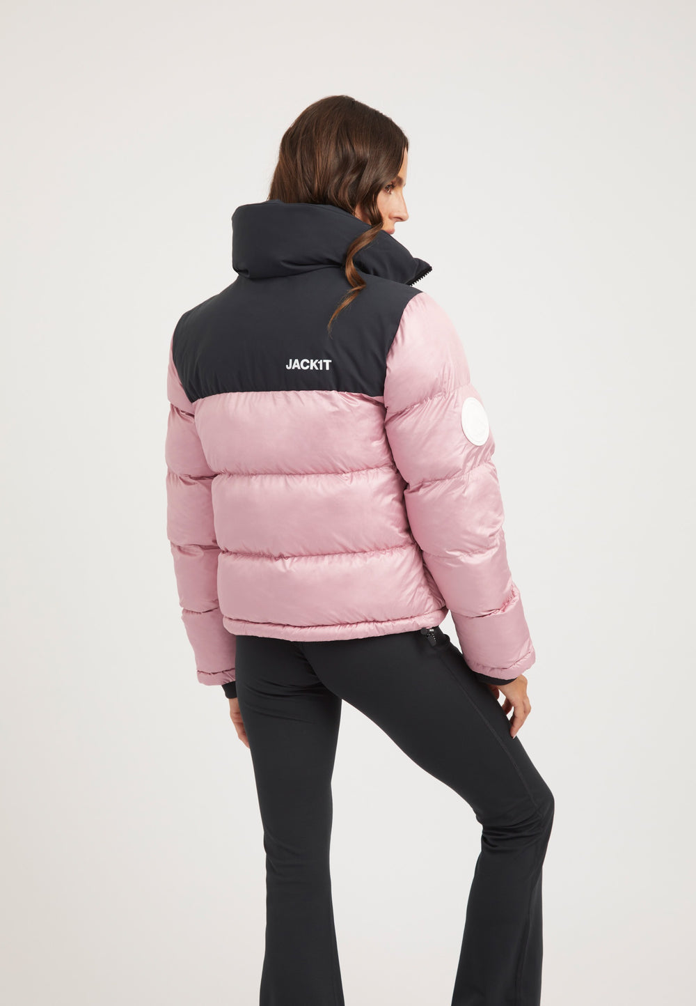 Diamond Funnel Jacket Powder Pink/Black on model full length by JACK1T