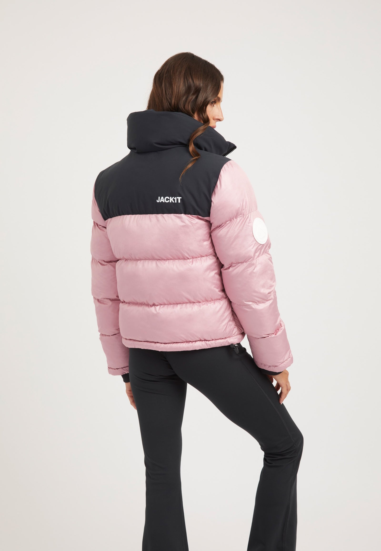 Diamond Funnel Jacket Powder Pink/Black on model full length by JACK1T