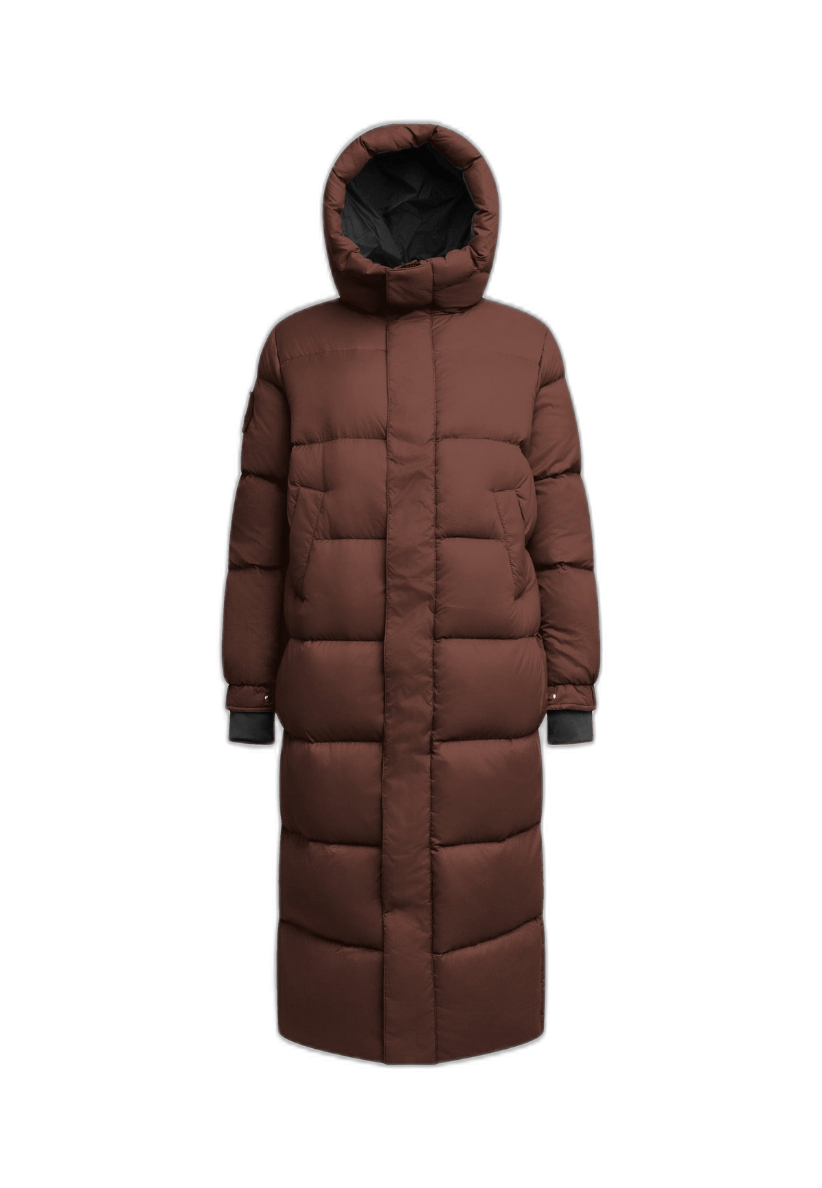 Womens long puffer coat in mid brown with full length silhouette and removable hood.