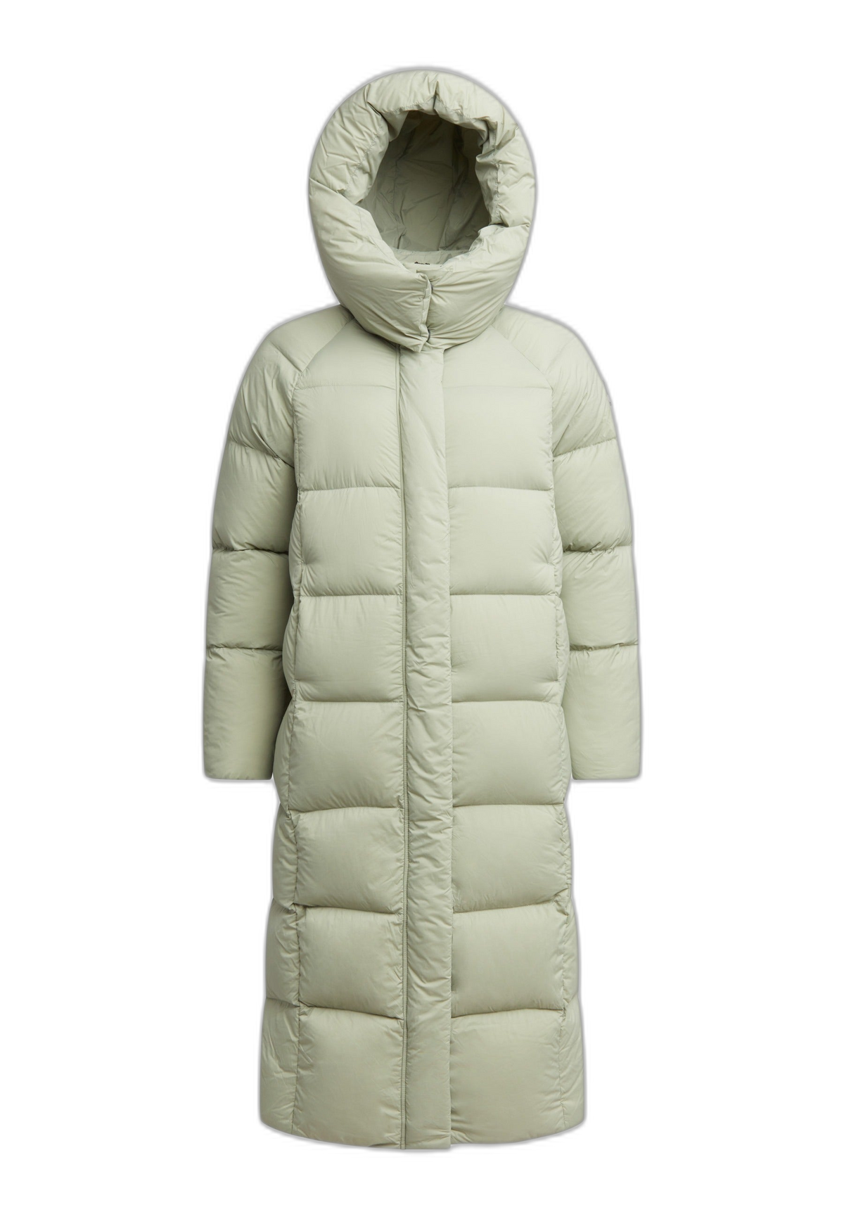 womens long puffer coat in sage green, full length silhouette with a removable hood and premium insulation