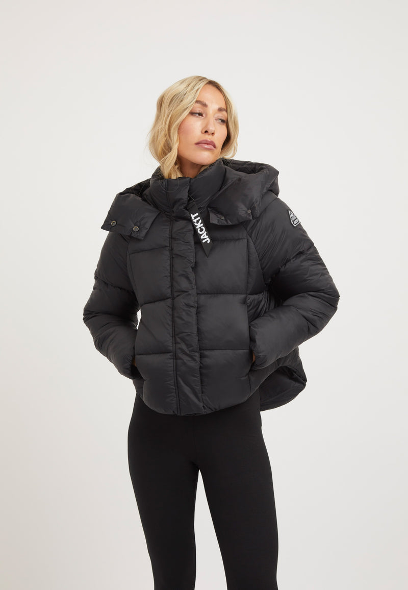 Cloud Crop ONELOFT Puffer Jacket Black on model front view by JACK1T
