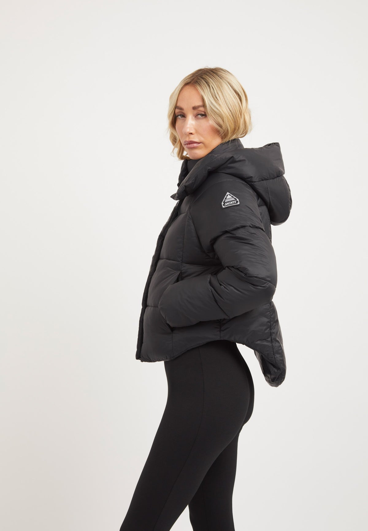 Cloud Crop ONELOFT Puffer Jacket Black on model back view by JACK1T