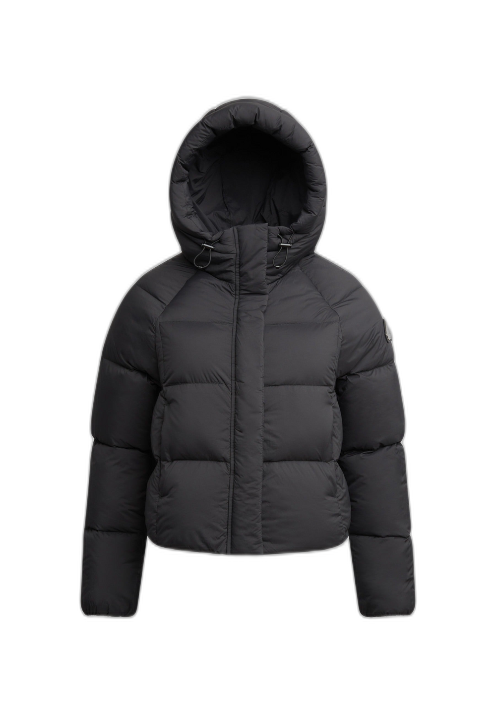 Cloud Crop Jacket Black, a womens short puffer jacket with cropped cut, adjustable hood, and lightweight design.